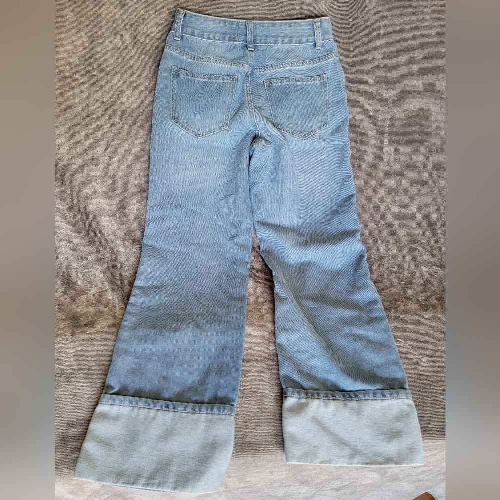 Women's BAMBOO Wide Leg Jeans SZ 3  or 26 Y2K Inspired Flare TRENDY Rolled Cuff - Picture 2 of 8
